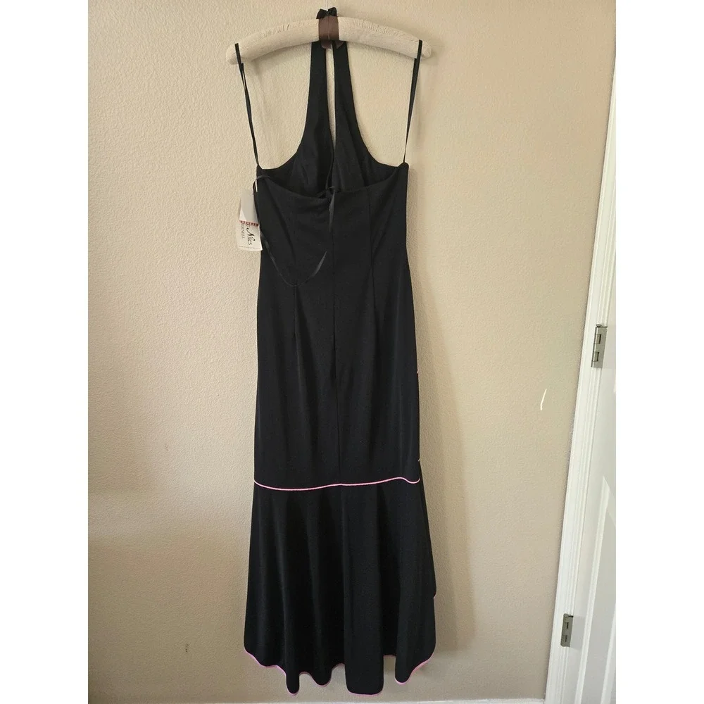Blondie Nites Linda Bernell Black Pink Piping Halter High Low Ruffle Gown 11 NWT - Picture 3 of 5